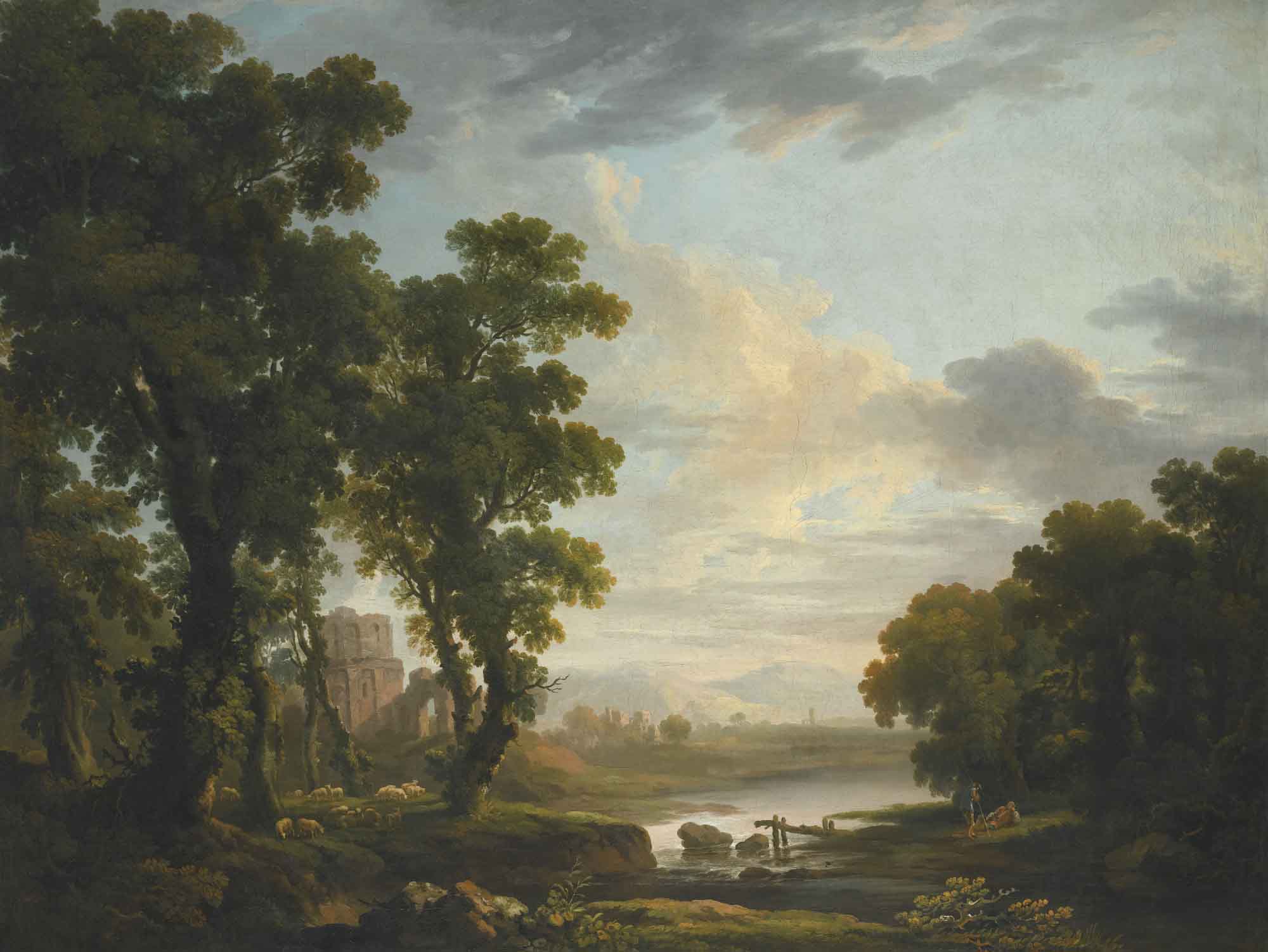 George Barret An extensive wooded river landscape with shepherds recicling in the foreground and ruins beyond